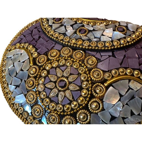 Handmade Ramla Mosaic Clutch Bag Purple & Silver With Removable Chain Strap - Picture 2 of 6